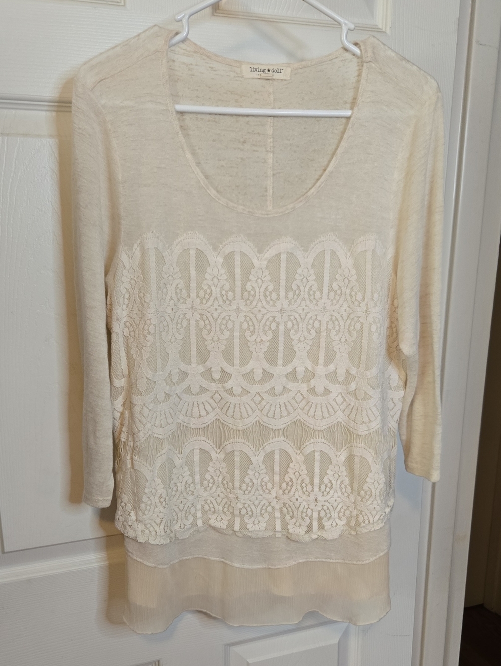 living doll Cream Lace Front Scoop Neck Tunic